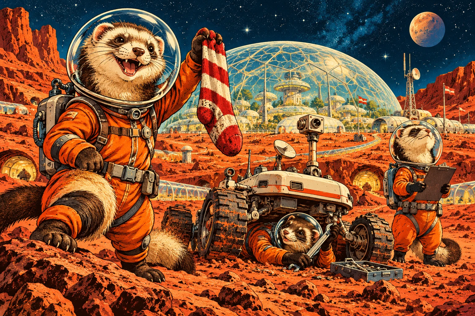 Three mischievous ferret astronauts with a stolen striped sock, rover and geodesic dome on orange Mars